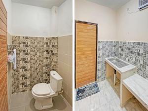 Duas fotografias de uma casa de banho com WC e lavatório. em OYO 92193 Kos 21 em Kupang