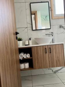 een badkamer met een wastafel en een spiegel bij (L.I.H.8) Luxury Industrial House 8 in Nea Paphos