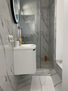 a white bathroom with a shower and a sink at Apartment Studio Beauty in Centar in Pula