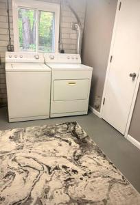 baño con lavabo y alfombra en el suelo en The House Hotels- E. Turkeyfoot #1 en Akron