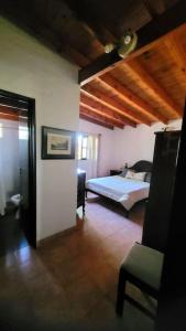 1 dormitorio con 1 cama y 1 silla en una habitación en La Baguala del Candil, Casa Rural, Pileta y Parque en Solís