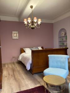 1 dormitorio con 1 cama, 1 silla y 1 lámpara de araña en au 33 chambres d'hôtes, en Saint-Omer