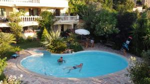 dwoje ludzi pływających w basenie w domu w obiekcie Petit coin de paradis, vue panoramique mer &montagne, piscine privée... w mieście Calcatoggio