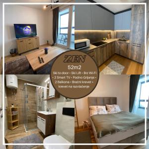 a collage of photos of a room with a bed and a kitchen at Zen Apartments Jahorina - Snježna Dolina Resort in Jahorina
