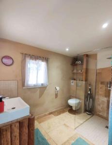 a bathroom with a toilet and a sink and a shower at Arche de Noé atypique, bohème , nature, piscine chauffée toute l'année, spa , sauna , loisirs in Le Beausset