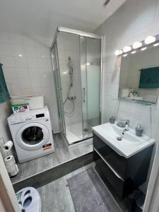 een badkamer met een wasmachine en een wastafel bij Super appartement chaleureux à 30min de Paris in Gagny