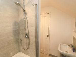 a bathroom with a shower and a toilet and a sink at Westwinds in Tenby +32 photos