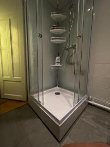 a shower with a glass door and a showerificialificialificialificialificialificialificial at Brabo2 in Landskrona