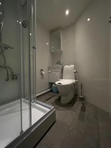 La salle de bains est pourvue de toilettes et d'une douche en verre. dans l'établissement Brabo2, à Landskrona