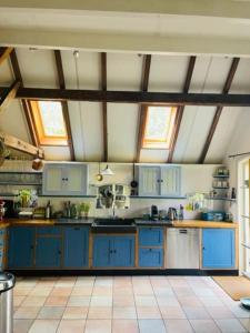 a large kitchen with blue cabinets and windows at Heerlijke boerderij bij Veluwezoom in het Oude Dieren in Dieren