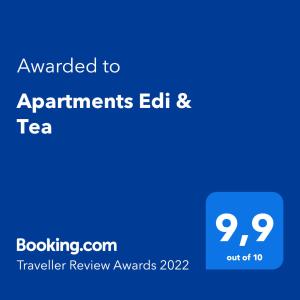 Certifikát, hodnocení, plakát nebo jiný dokument vystavený v ubytování Apartments Edi & Tea