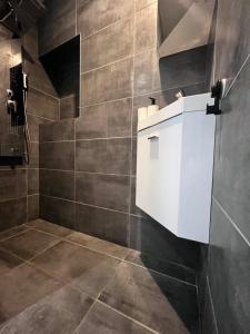 a bathroom with a shower with a toilet paper dispenser at Chambre studio tout confort in Boussu