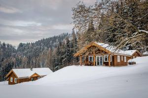 una cabaña de madera en la nieve con árboles en Frydrysówka en Jaworek