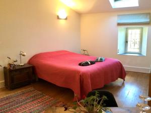1 dormitorio con 1 cama con manta roja en Belle et spacieuse chambre d’hôtes avec piscine, en Savignac-de-Duras