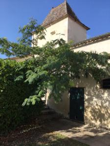un edificio blanco con una puerta verde y un árbol en Belle et spacieuse chambre d’hôtes avec piscine, en Savignac-de-Duras