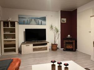 a living room with a flat screen tv and a fireplace at Haus Annerl Ferienwohnung mit 2 Schlafzimmern in Inzell
