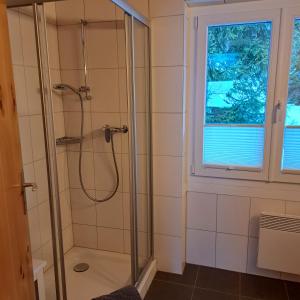 a shower in a bathroom with a window at Chalet Waldrand in Inden