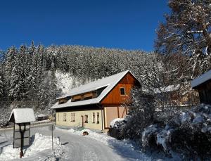 dom pokryty śniegiem z drogą obok niego w obiekcie Chalupa Pohoda w mieście Velké Karlovice