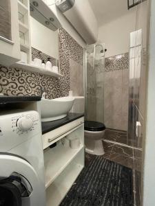 uma casa de banho com um chuveiro, um lavatório e um WC. em Lechner Mansion em Szeged