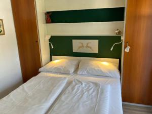 Bett mit grünem Kopfteil und weißer Bettwäsche in der Unterkunft Appartementanlage Bach in Bad Kleinkirchheim