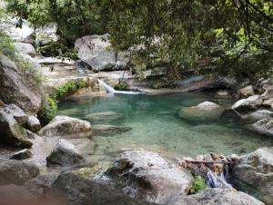 a pool of water with rocks and a waterfall at studio du soleil rez de jardin avec parking gratuit in Vence