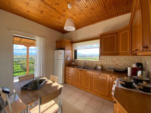 uma cozinha com armários de madeira e uma grande janela em Into the green em Nerántza