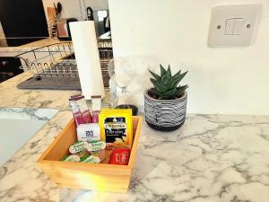 a box of snacks and a plant on a counter at Modern Apt near Train Station and Ideal for Long Stays in Leicester