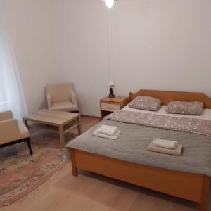 1 Schlafzimmer mit 2 Betten und einem Stuhl in der Unterkunft City Apartments Ana in Belgrad