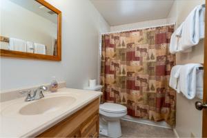 ein Badezimmer mit Waschbecken, Toilette und Spiegel in der Unterkunft Clark Cabin in Yosemite West + 19 Fotos