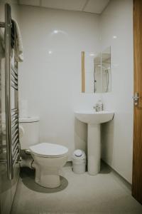 a white bathroom with a toilet and a sink at Uist Travel Accommodation in Daliburgh