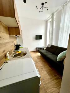 una cucina e un soggiorno con divano e lavandino di Apartament Mieszka I a Gniezno