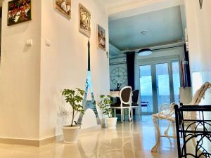 una sala de estar con plantas y un reloj en la pared en Confortables location familiale vue sur mer à Sidj Fredj, en Staoueli
