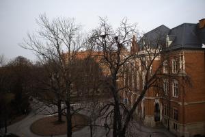 a large brick building with a tree in front of it at Oak Tree Old Town Apartments in Krakow