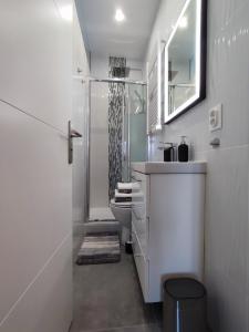 ein weißes Bad mit einem Waschbecken und einer Dusche in der Unterkunft La vie en blanc et noir Maisons-Laffitte in Maisons-Laffitte