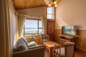 a living room with a couch and a television at Cabañas Treng Treng in Chonchi