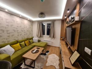un soggiorno con divano verde e TV di VilaJahor Natasa A11 a Jahorina
