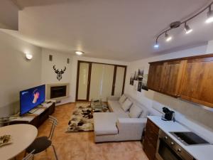 班斯科Private Chalets Bansko的客厅里有一张沙发和一张桌子。