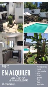 a collage of pictures of a house and a pool at El Chañar in Villa Carlos Paz