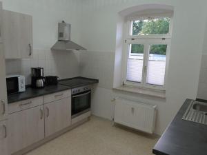 une cuisine avec une cuisinière et une fenêtre dans l'établissement Apartment Otte the Rich in Ballenstedt, à Ballenstedt