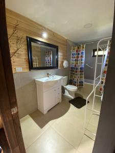 een badkamer met een wastafel, een toilet en een spiegel bij Cabañas y hostal Aurora in Castro