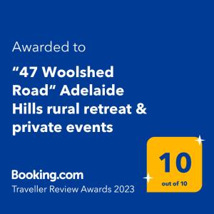 47 WOOLSHED ROAD - Adelaide Hills rural retreat tanúsítványa, márkajelzése vagy díja