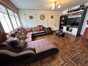 Una sala de estar con un sofá y un televisor de pantalla plana. en Euler House`s, en Cusco