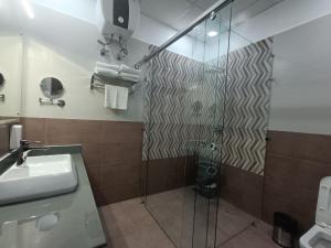 a bathroom with a shower with a sink and a glass door at The Nature Trinket Regency in Dalhousie