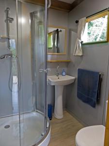 La salle de bains est pourvue d'une douche et d'un lavabo. dans l'établissement la Cabane de la Vallee, à Dumbéa