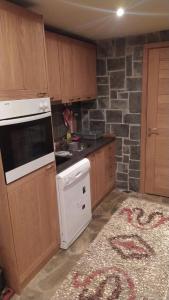 a kitchen with a stove and a stone wall at Apartmani Vila Bjelasica in Kolašin