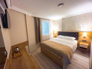 ein Hotelzimmer mit einem Bett und einem Fernseher in der Unterkunft Helen Inn in Izmir