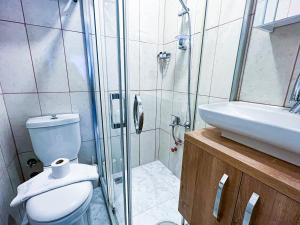 a bathroom with a shower and a toilet and a sink at Helen Inn in Izmir