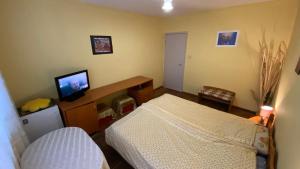 Un dormitorio con una cama y un televisor. en Аria B&B, en Burgas