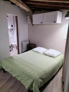 ein Schlafzimmer mit einem Bett mit einer grünen Decke in der Unterkunft Les castagnèdes in Céret