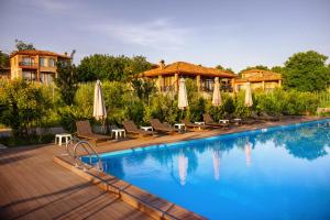 a hotel swimming pool with chairs and umbrellas at Schuchmann Wines Château,Villas & SPA in Telavi